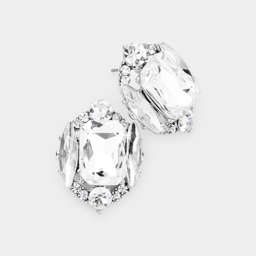 Silver Stud Emerald Cut Fashion Jewelry Crystal Earrings Evening Statement